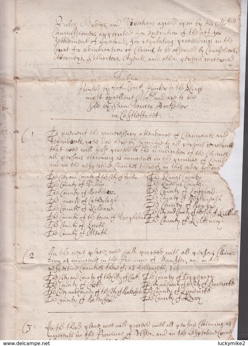 1662 Rules, Orders And Directions Appointed By The Commissioners Of Claymer To Be Observed By Councellors....   Ref 0505 - Documents Historiques