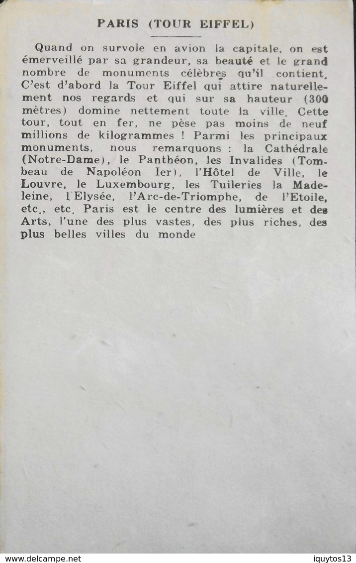 Chromo & Image - Fiche Illustrée - AVION Au Dessus De PARIS La TOUR EIFFEL -TB. Etat - Airplanes