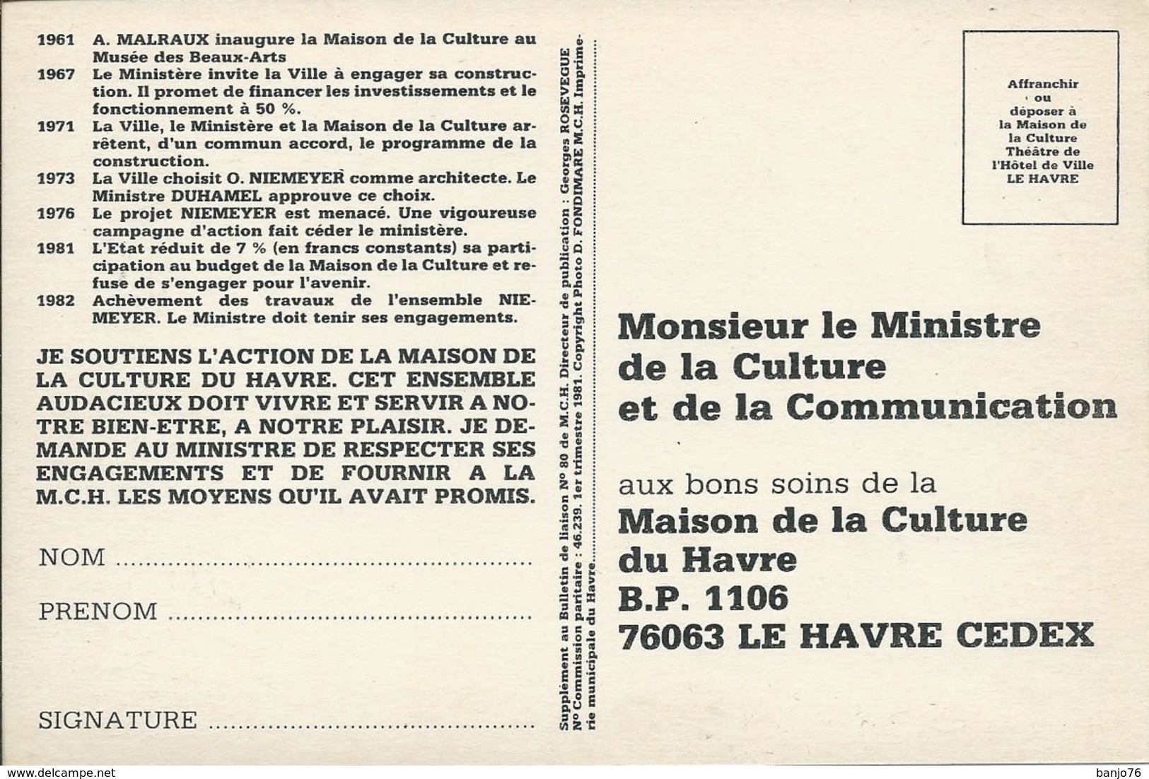 Le Havre (76) - Chantier De L'Ensemble Niemeyer - Mars 1981 - LA MAISON DE LA CULTURE DU HAVRE VIVRA - Unclassified