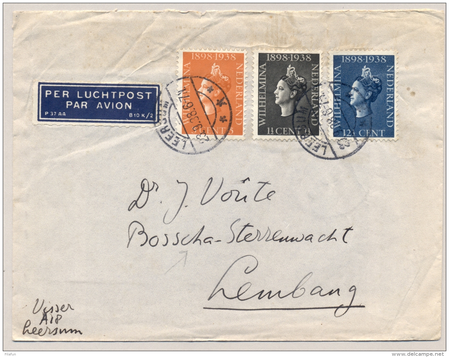 Nederland - 1938 - Jubileumserie Tricolore Op LP-cover Van Leersum Naar Sterrenwacht In Lembang / Nederlands Indië - Brieven En Documenten