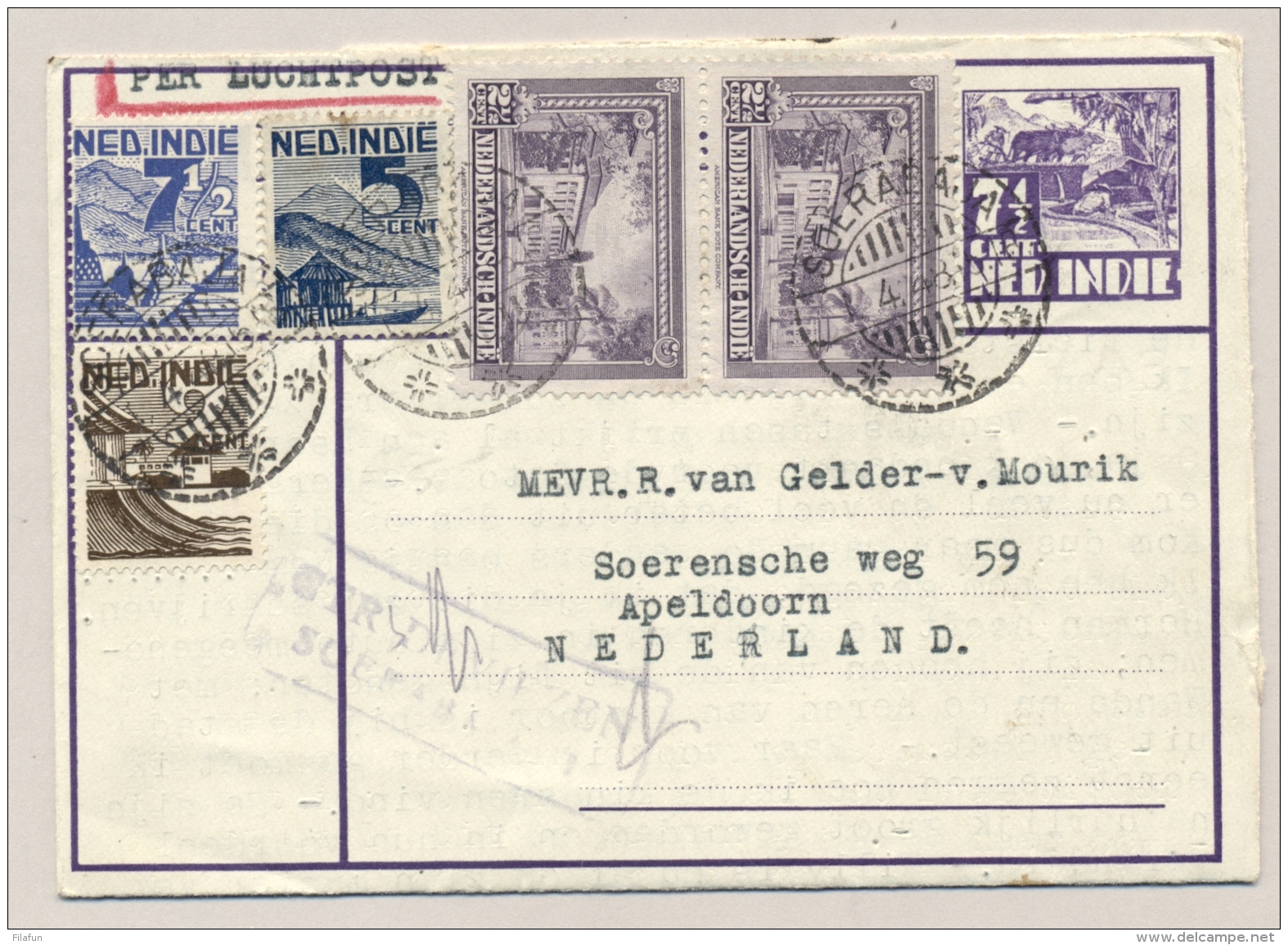 Nederlands Indië - 1948 - 5 Zegels Op Postblad G4 Met Deviezencensuur Soerabaja Van Soerabaja Naar Apeldoorn / NL - Netherlands Indies