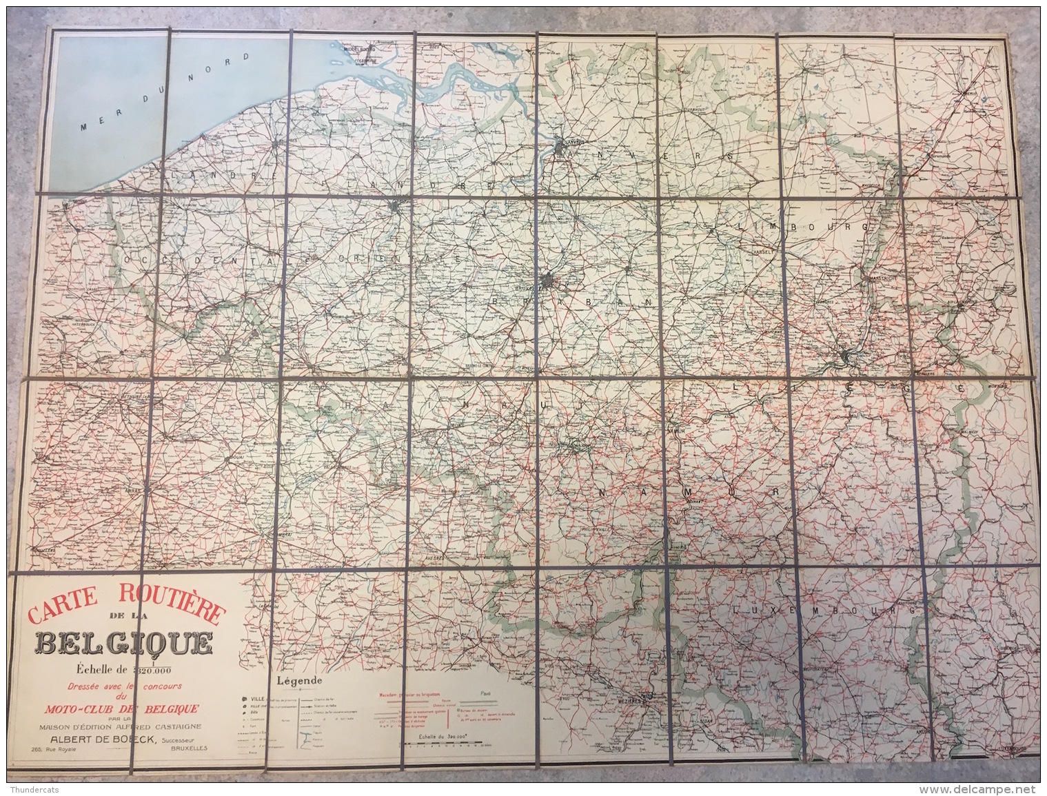 CARTE ROUTIERE DE LA BELGIQUE TOR TOILE OP LINNEN MOTO CLUB ALBERT DE BOECK 90 CM X 65 CM  ( DATE ??? )