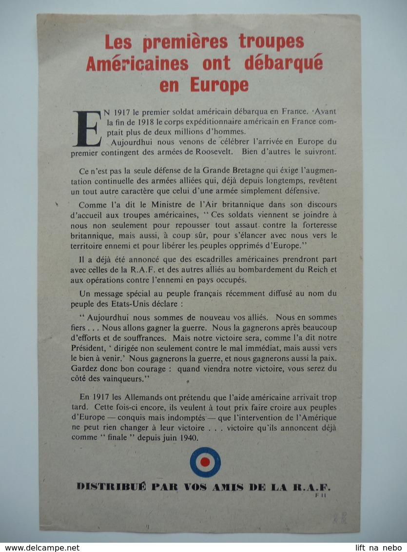 WWII WW2 Tract Flugblatt Propaganda Leaflet In French, PWE F Series/1942, F.11, Les Premières Troupes Américaines Ont... - Sin Clasificación