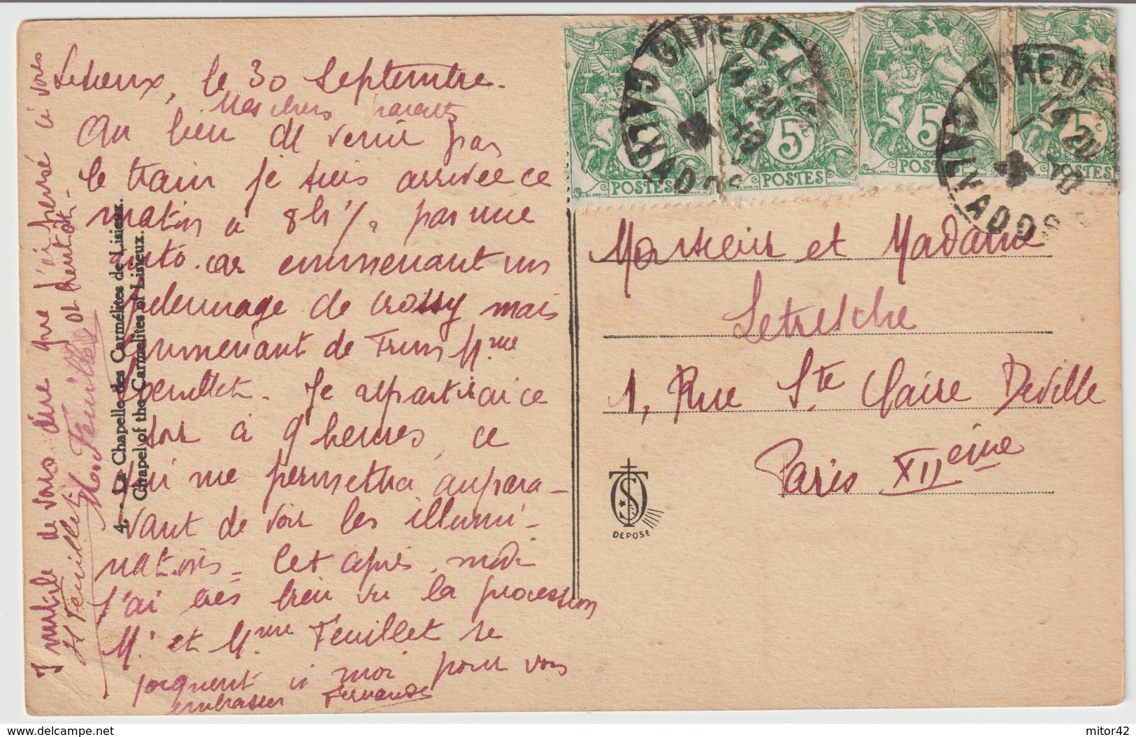 657-Lisieux-Calvados-Cappella Dei Carmelitani-Chiesa-Francia-Storia Postale-5c.(x4)v.1926 X Estero:Parigi-Francia - Lisieux