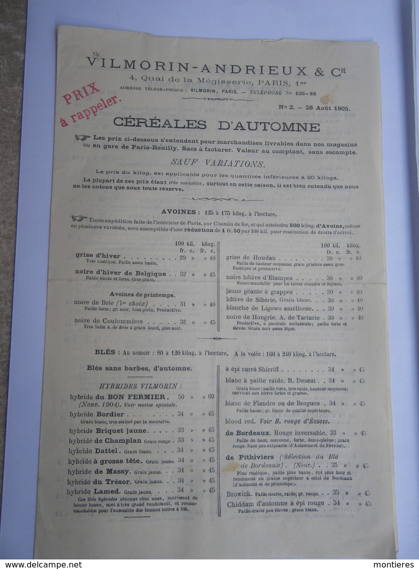 VILMORIN - ANDRIEUX & Cie 4 Quai De La Mégisserie - Tarif 1905 Céréales D'automne - Graines - Agriculture