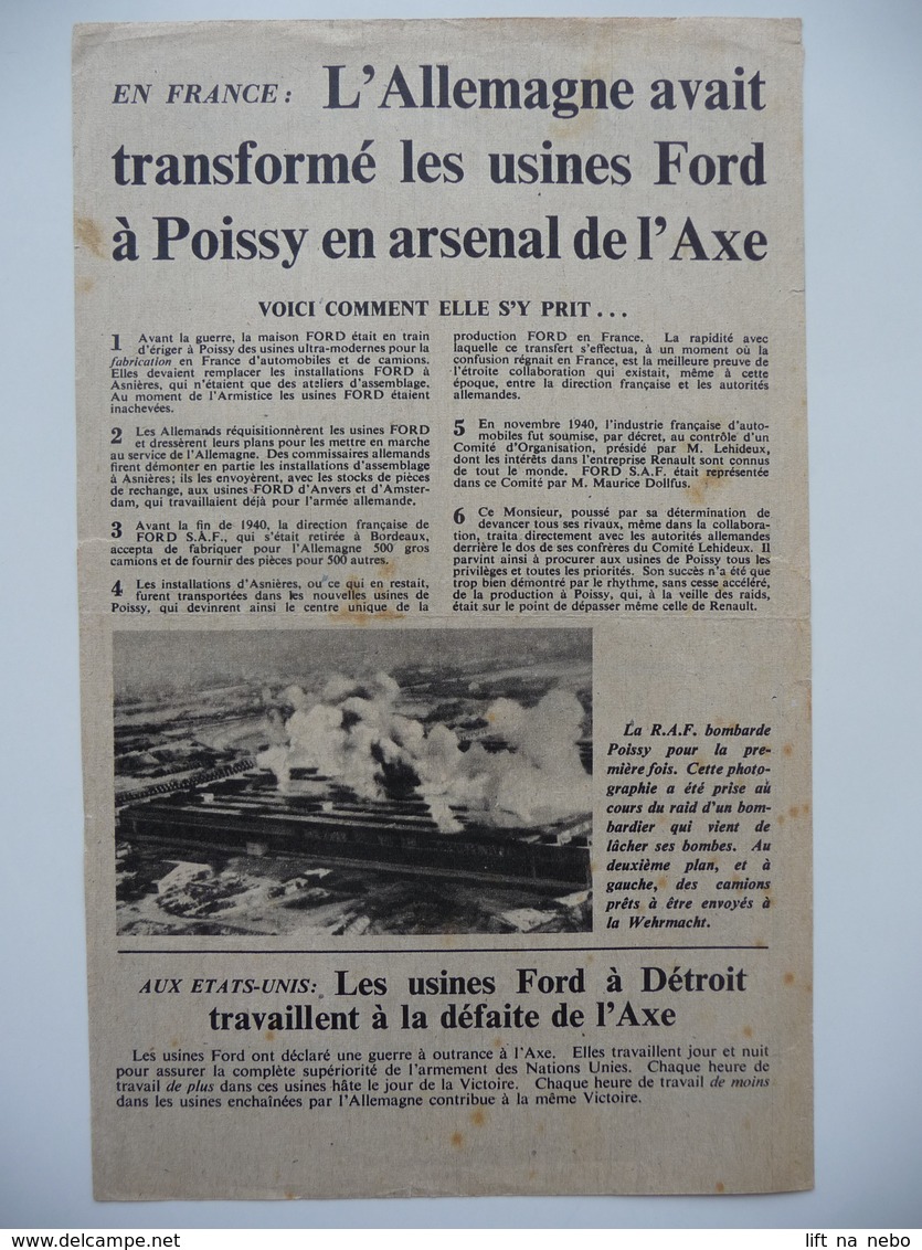 WWII WW2 Tract Flugblatt Propaganda Leaflet In French, PWE F Series/1942, F.36, Les Usines Ford à Poissy Travaillaient.. - Sin Clasificación