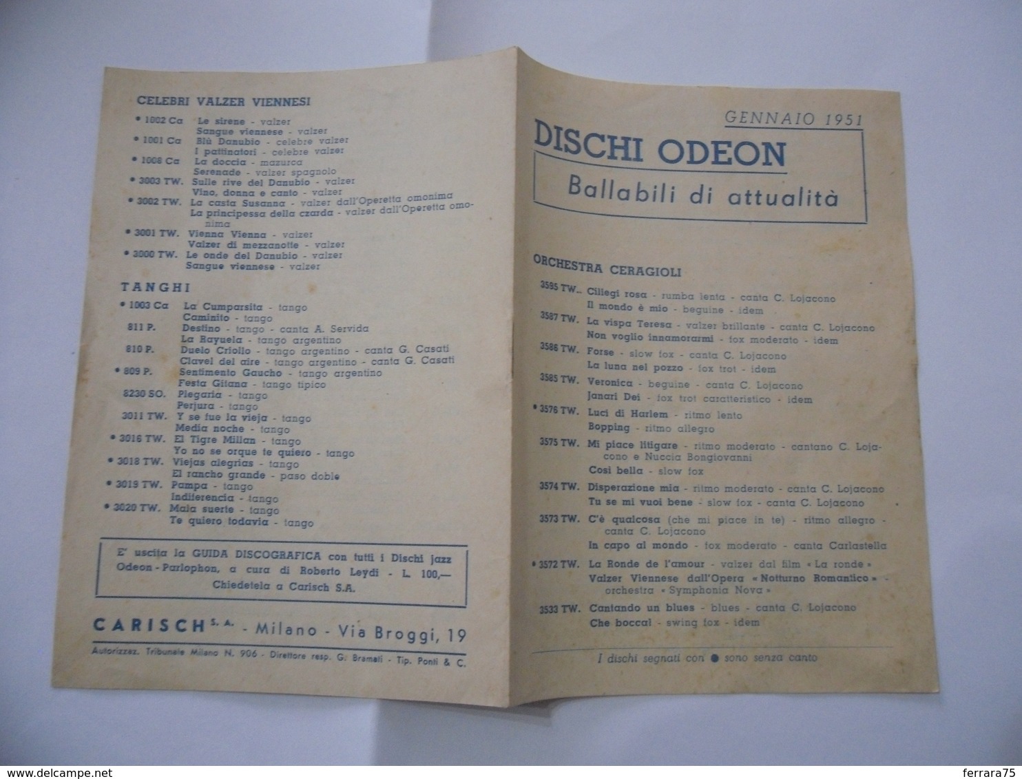 DEPLIANT OPUSCOLO CATALOGO DISCHI ODEON BALLABILI DI ATTUALITà GENNAIO 1951 - Publicités