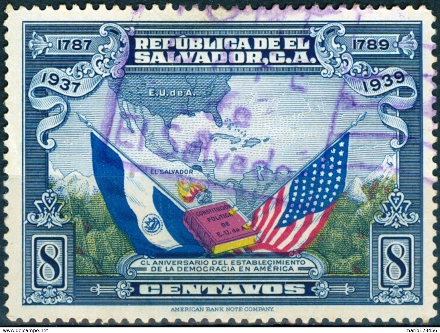 EL SALVADOR, COMMEMORATIVO, U.S. COSTITUZIONE, 1938, FRANCOBOLLI USATI,  Michel 554   Scott 572 - El Salvador