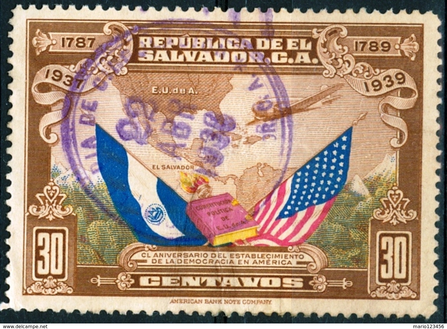 EL SALVADOR, COMMEMORATIVO, U.S. COSTITUZIONE, 1938, FRANCOBOLLI USATI,  Michel 555 - El Salvador