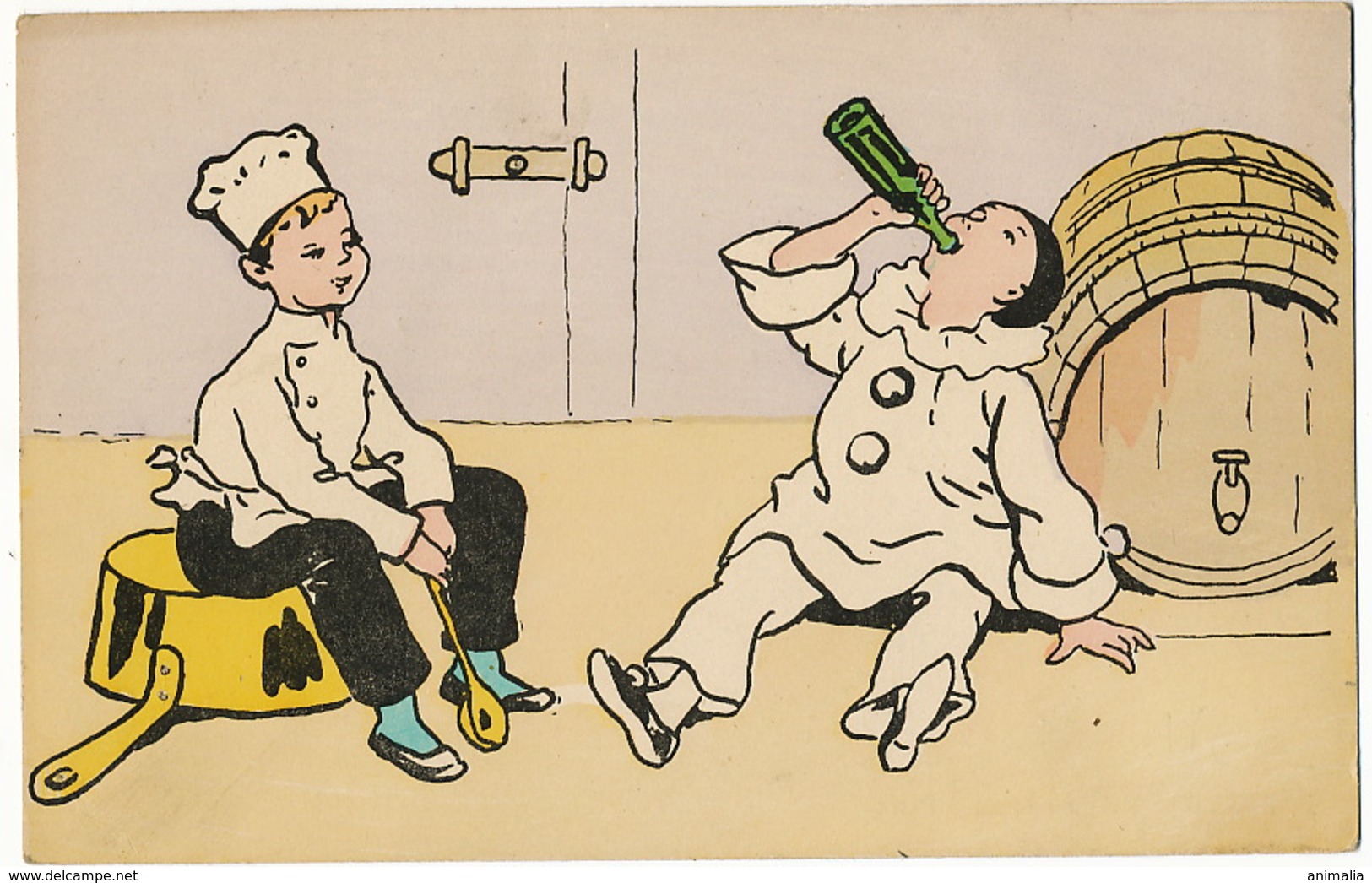 Carte Illustrée Cuisinier Assis Sur Poele Et Pierrot Alcoolique Buvant Du Tonneau Edit Aux Alliés - Carnaval