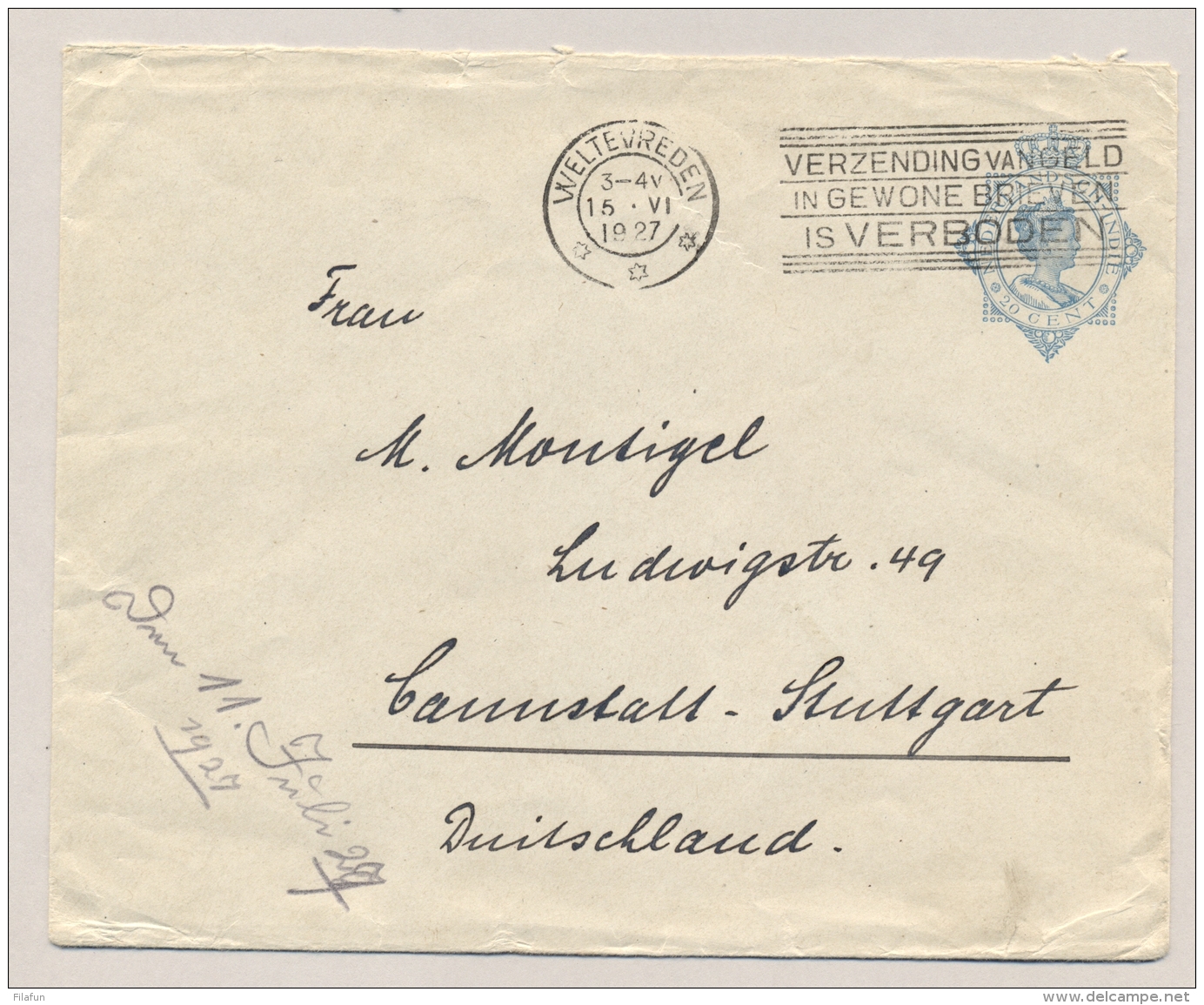 Nederlands Indië - 1927 - 20 Cent Envelop G45, Machinestempel Verzending Van Geld Is Verboden Van Weltevreden Naar Dld - Niederländisch-Indien