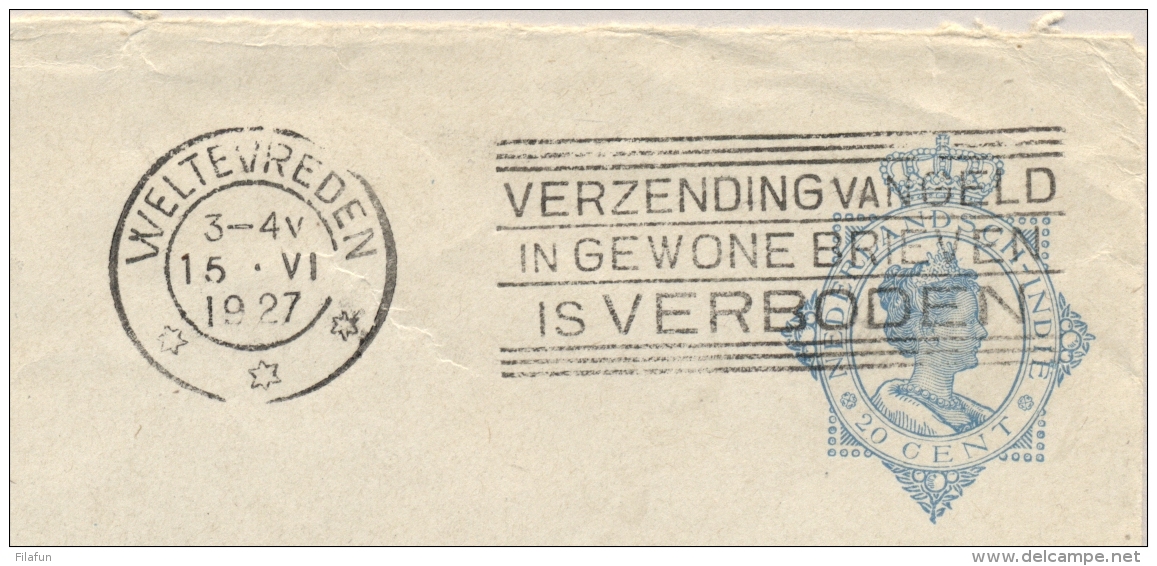 Nederlands Indië - 1927 - 20 Cent Envelop G45, Machinestempel Verzending Van Geld Is Verboden Van Weltevreden Naar Dld - Niederländisch-Indien