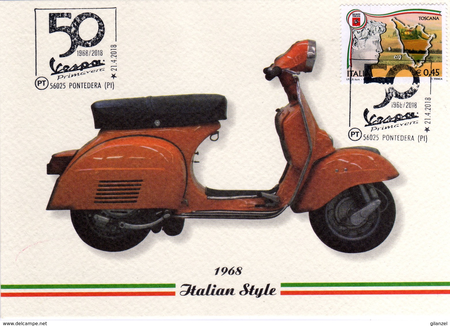 Italia 2018 50° Anniversario VESPA Primavera Annullo Pontedera Cartolina - Moto