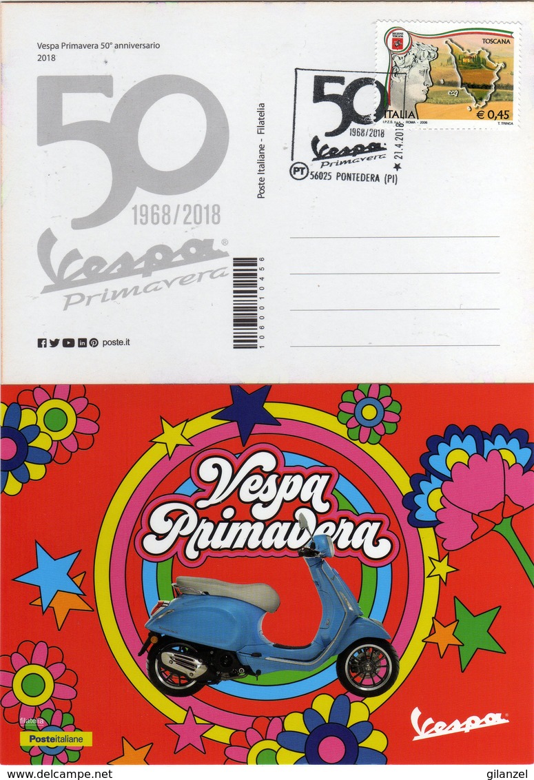 Italia 2018 50° Anniversario VESPA Primavera Annullo Pontedera Cartolina - Moto