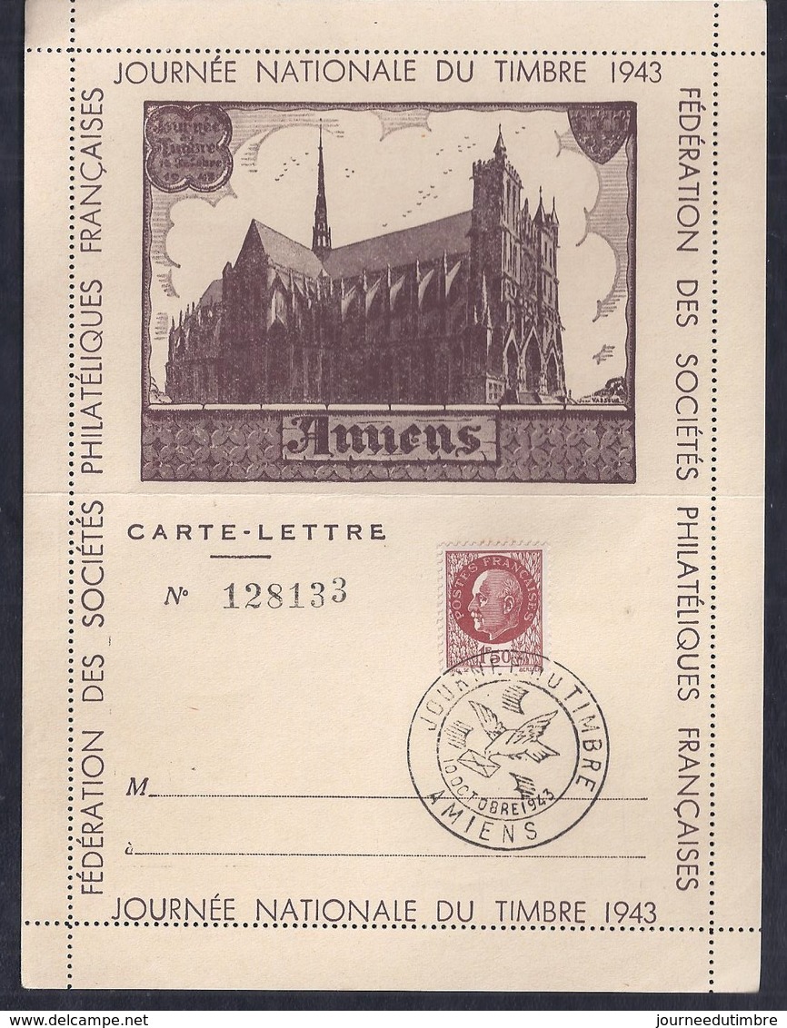 Carte Lettre Locale Journee Du Timbre 1943 Petain Amiens - Briefe U. Dokumente