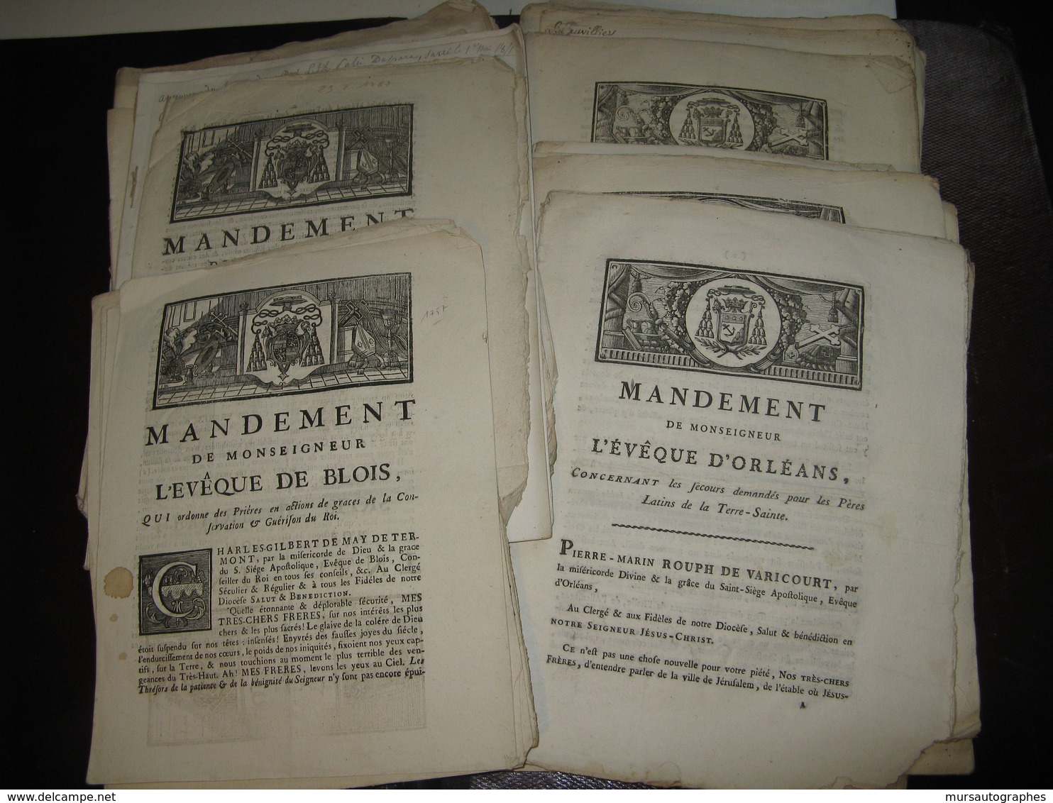 LOT DE 42 MANDEMENTS EVEQUES BLOIS & ORLEANS 1757- 1856 SACRE PAPE DUC DE BERRY LOUIS XV CONCORDAT ASSASSINAT - Décrets & Lois