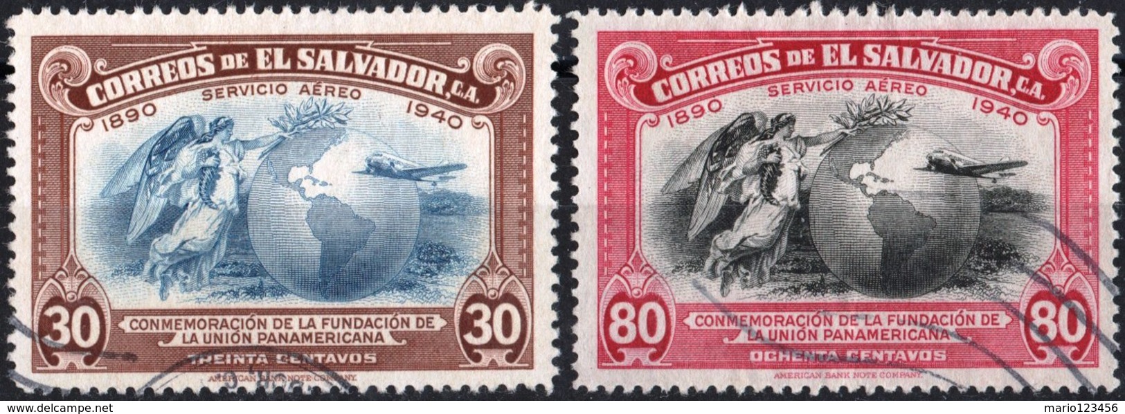 EL SALVADOR, POSTA AEREA, AIRMAIL, COMMEMORATIVO, UNIONE PANAMERICANA, 1940, USATI,  Michel 578,579   Scott C71,C72 - El Salvador