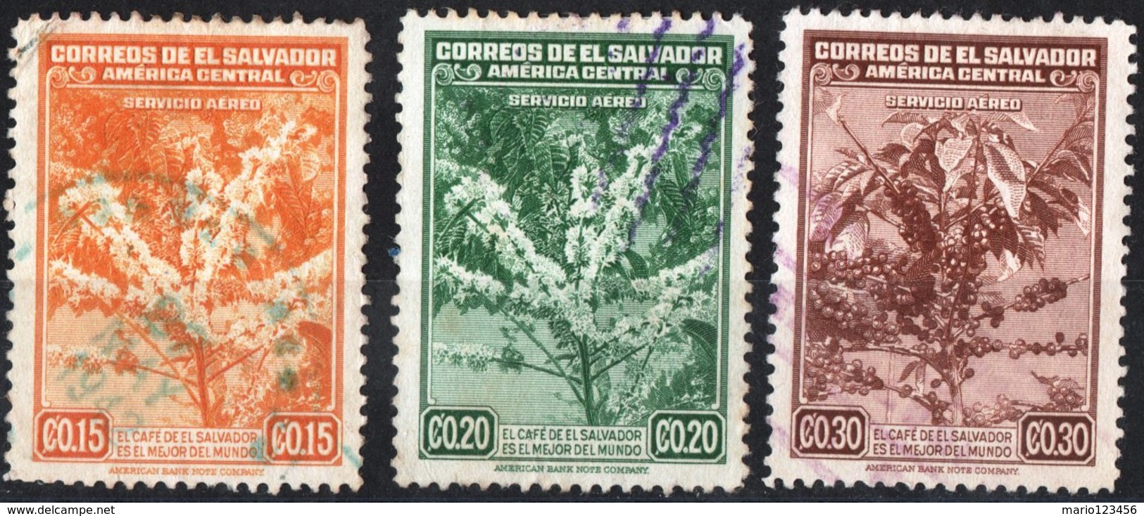 EL SALVADOR, POSTA AEREA, AIRMAIL, FLORA, PIANTE, CAFFE, 1940, USATI,  Michel 580,581,583   Scott C73,C74,C76 - El Salvador