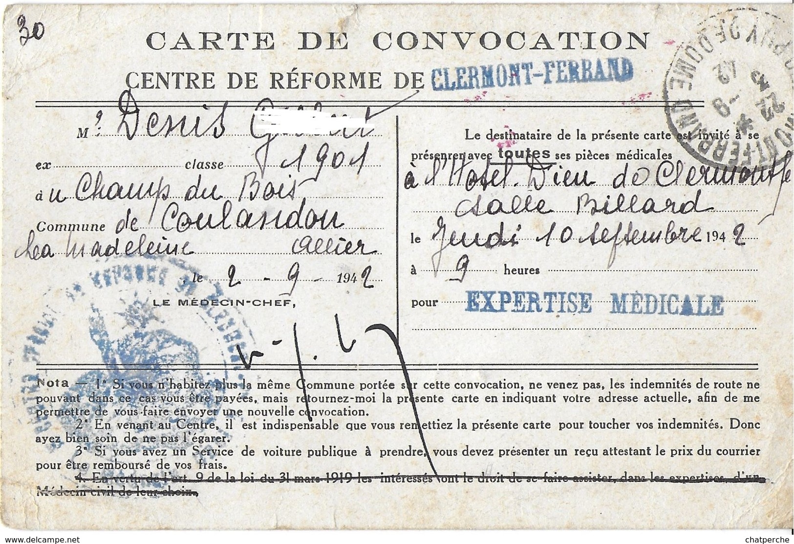 MILITARIA DOCUMENT MILITAIRE  CARTE DE CONVOCATION CENTRE DE REFORME  CLERMONT-FERRAND  1942 EXPERTISE MEDICALE - Documents