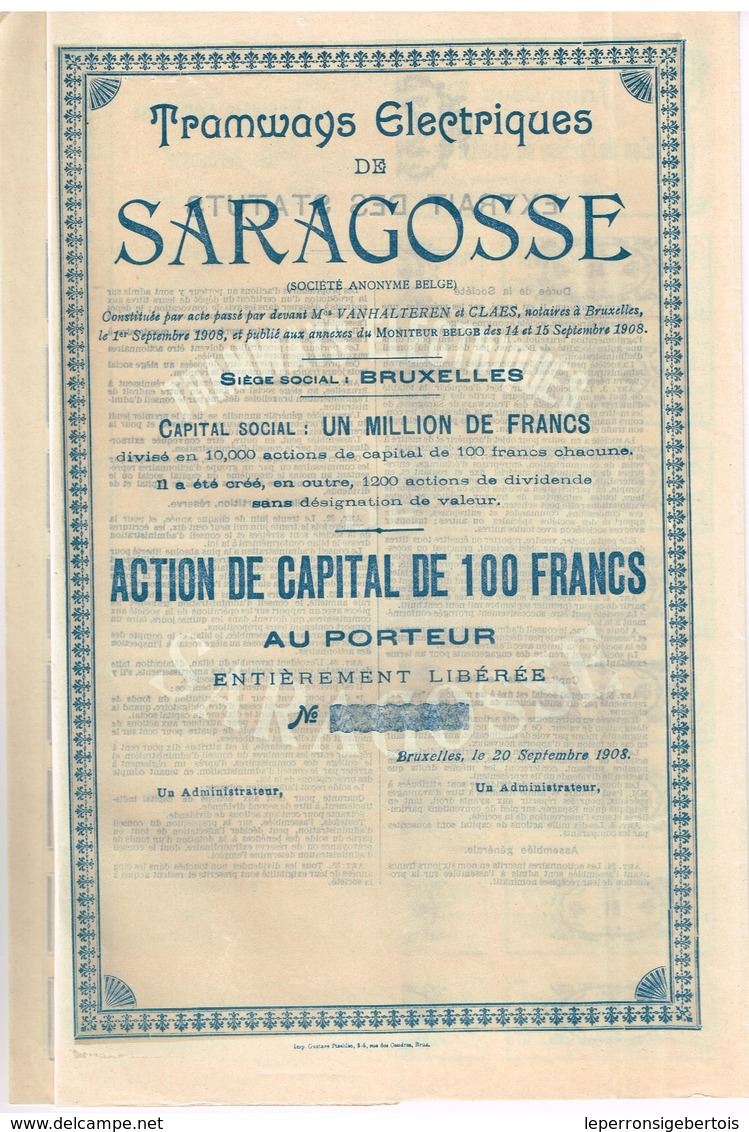 Action Uncirculed- Tramways Electriques De Saragosse - Titre De 1908 - - Chemin De Fer & Tramway