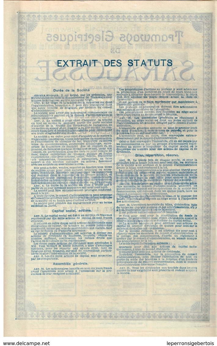 Action Uncirculed- Tramways Electriques De Saragosse - Titre De 1908 - - Ferrocarril & Tranvías