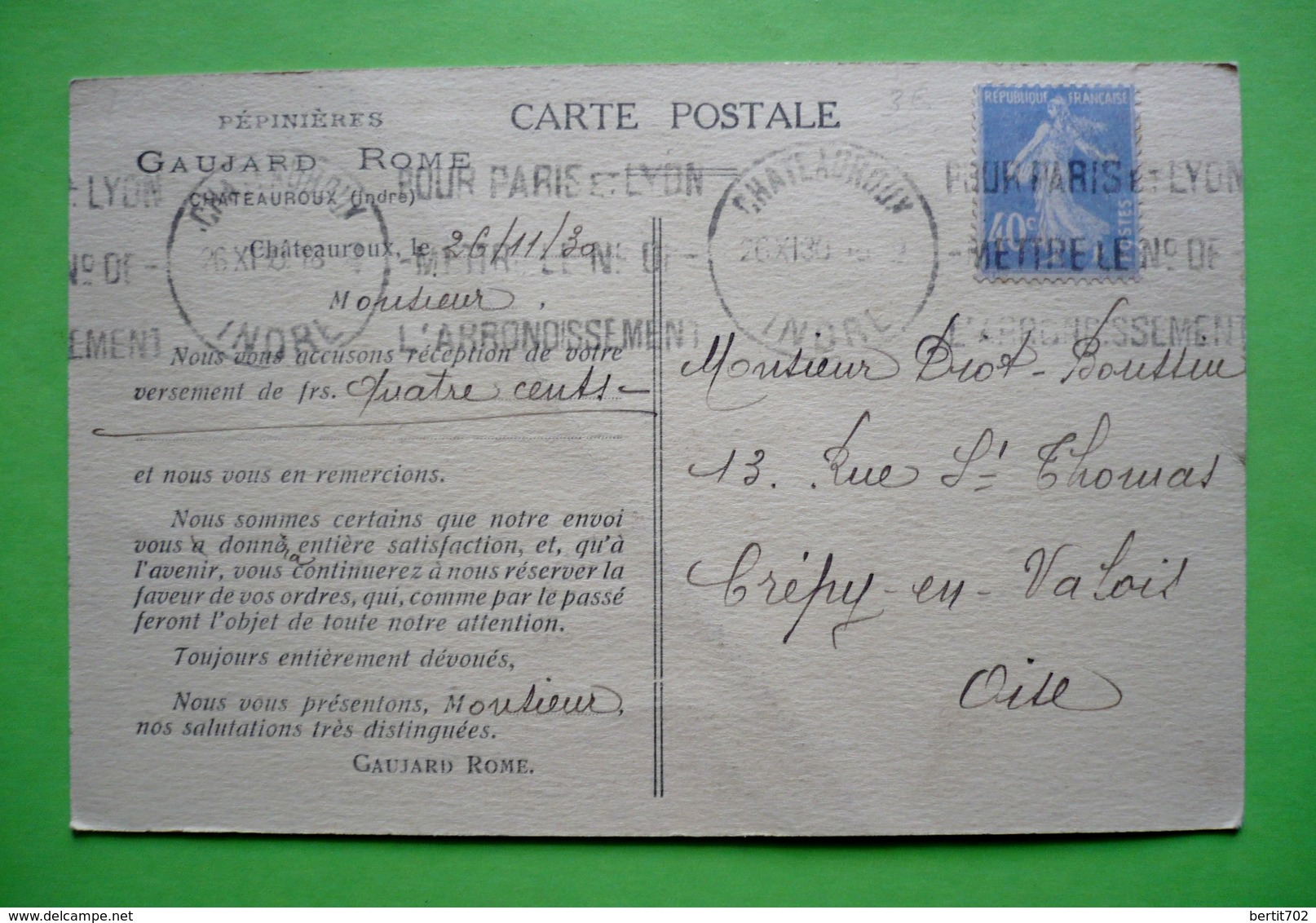 36 - CHATEAUROUX - Carte Publicitaire PEPINIERES GAUJARD ROME - Destinataire CREPY EN VALOIS (OISE) - Chateauroux