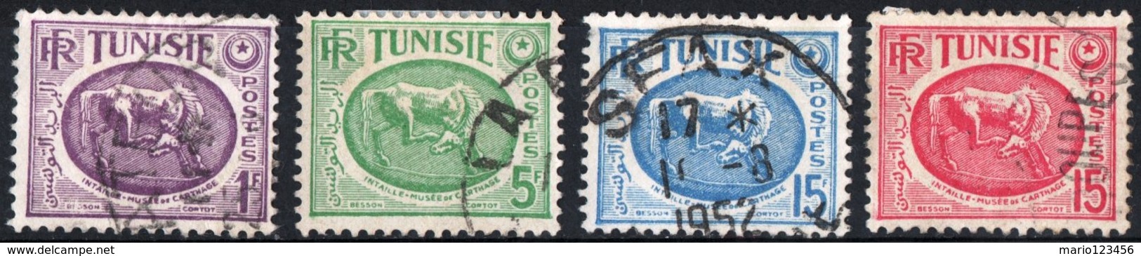 TUNISIA, MUSEI, CARTAGINE, 1950-1951, FRANCOBOLLI USATI,  YT 339,342,344,345   Scott 215,218,221,222 - Used Stamps