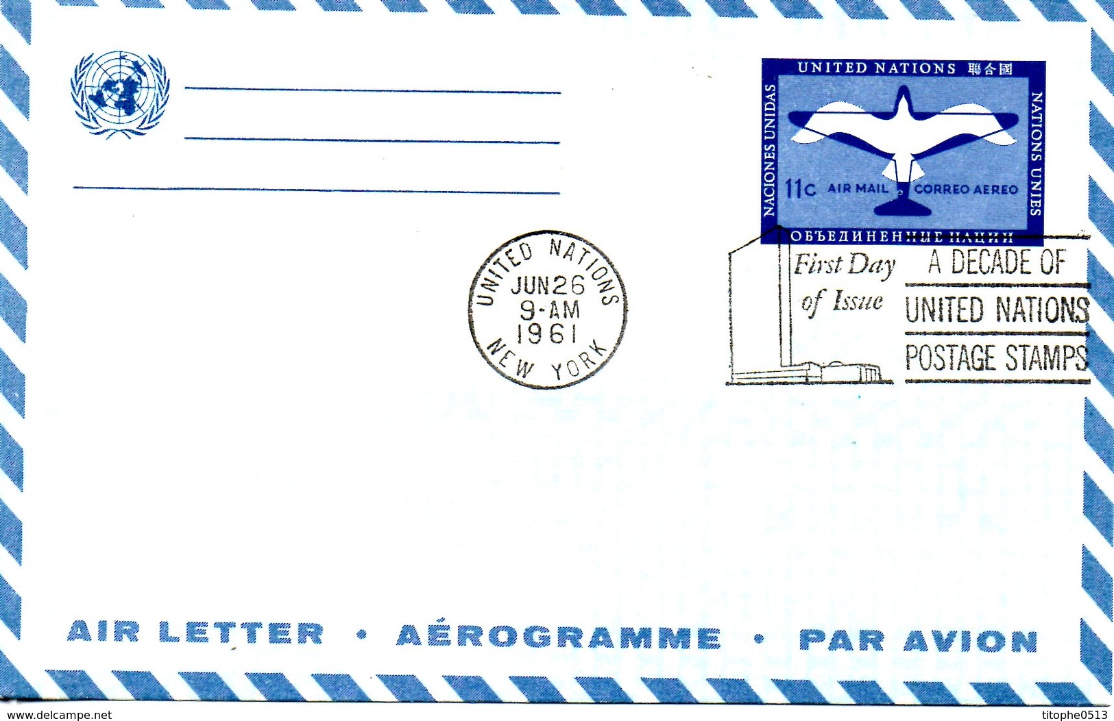 ONU NEW-YORK. Aérogramme Avec Oblitération 1er Jour De 1961. 10 Ans De Timbres Des Nations Unies. - Other & Unclassified