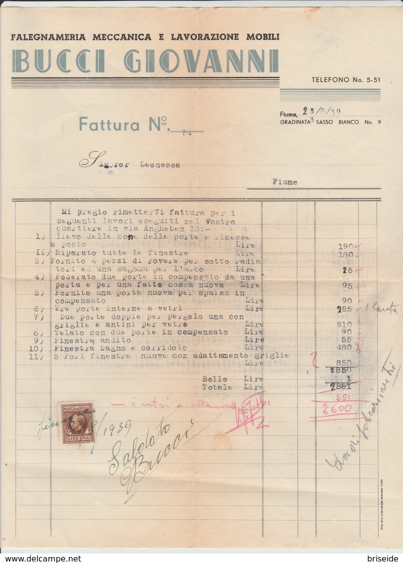 FATTURA CARTA INTESTATA BUCCI GIOVANNI AL SIGNOR  LEONESSA 1939 FIUME ( RIJEKA REKA ) CROAZIA - Sonstige & Ohne Zuordnung