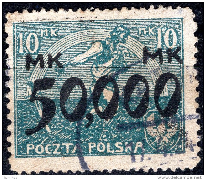 POLAND 1923 Sower - 50,000m. On 10m - Blue FU - Gebraucht