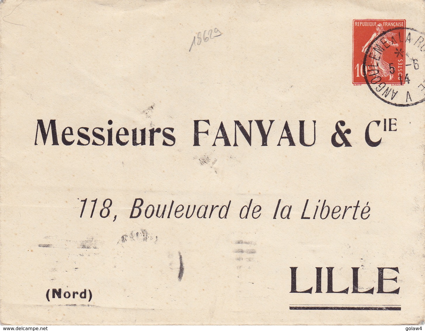 18629# SEMEUSE CAMEE ENTIER POSTAL ENVELOPPE REPIQUEE FANYAU & Cie LILLE NORD Obl ANGOULEME A LA ROCHELLE 1914 CHARENTE - Overprinted Covers (before 1995)
