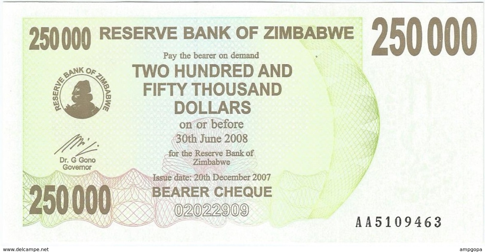 Zimbabue - Zimbabwe 250.000 Dollar 20-12-2007 Pick 50 UNC - Zimbabwe