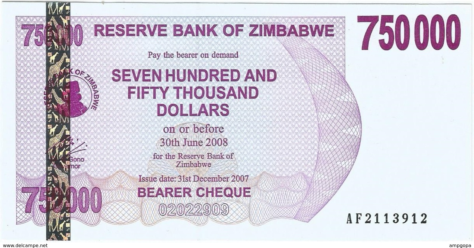 Zimbabwe 750.000 Dollars 31-12-2007 Pick 52 UNC - Zimbabwe