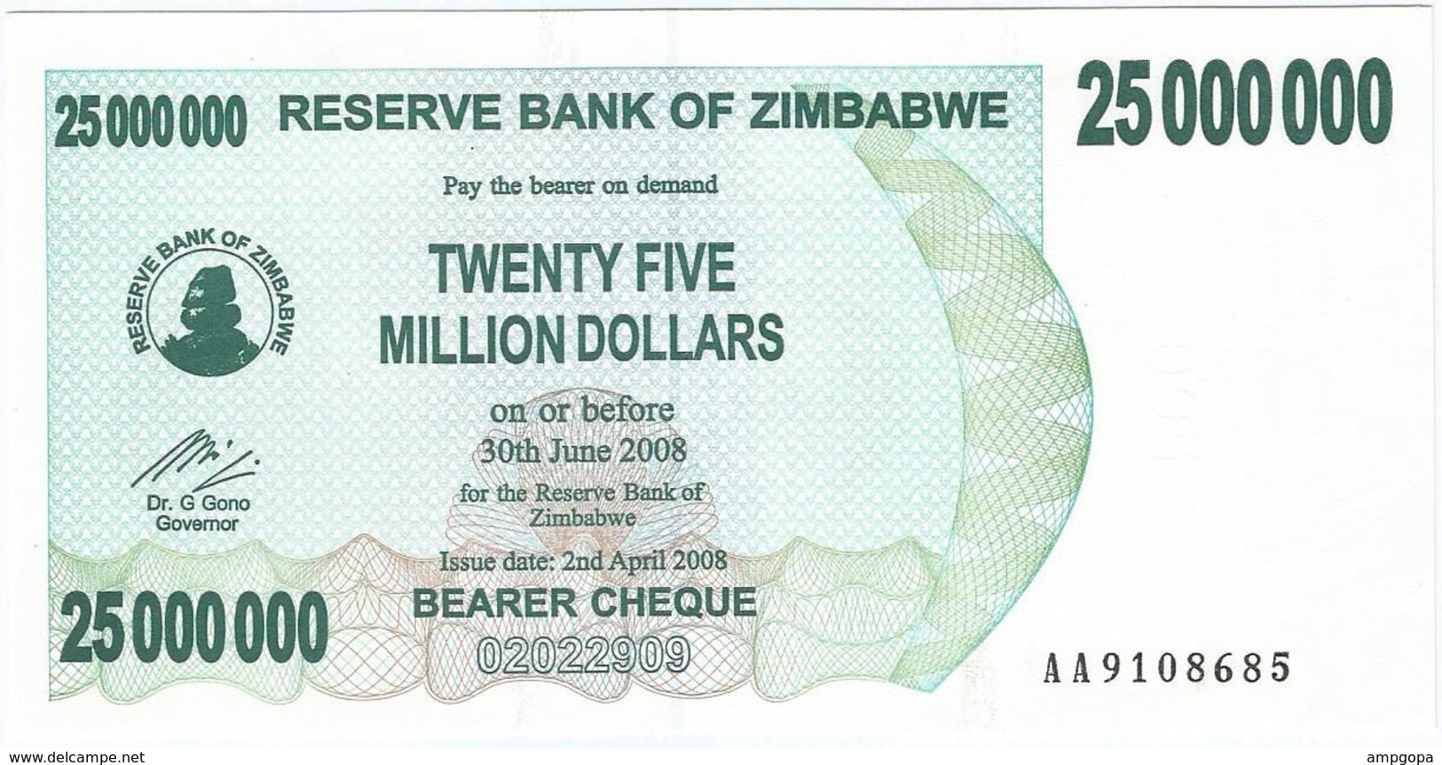 Zimbabwe 25.000.000 Dollars 02-04-2008 Pick 56 UNC - Simbabwe