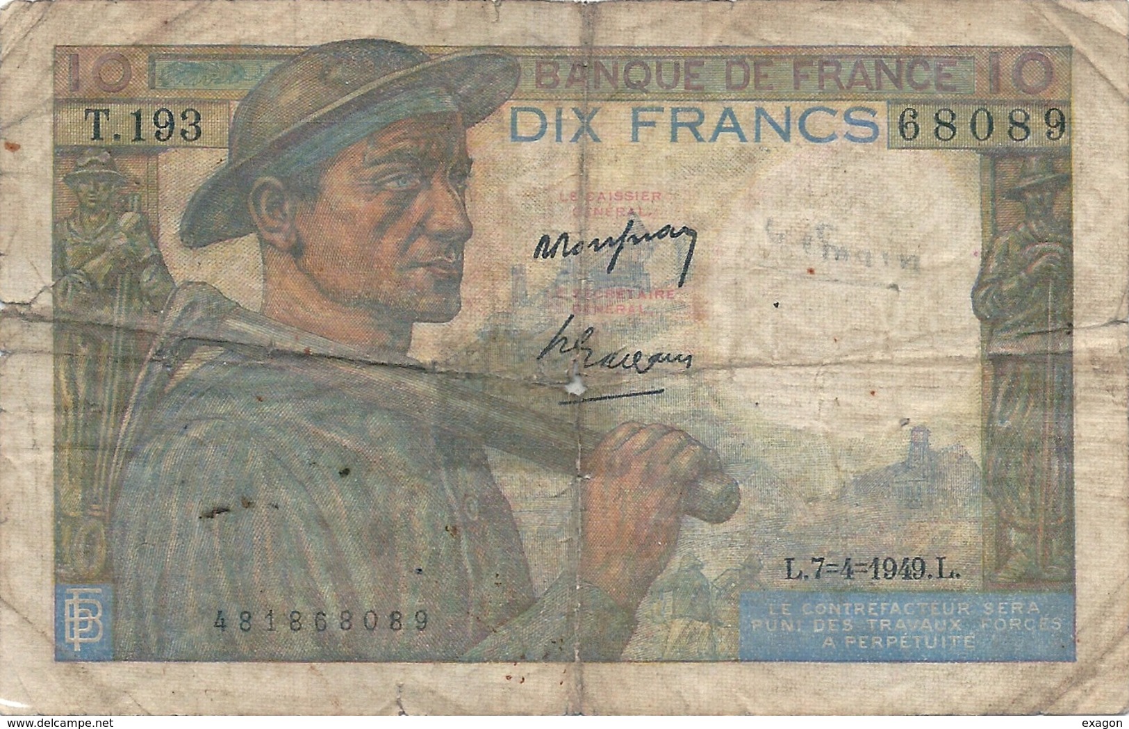 N. 1 Banconota - BANQE  DE  FRANCE  -  FRANCHI 10  -  Anno 1949 - 10 F 1941-1949 ''Mineur''