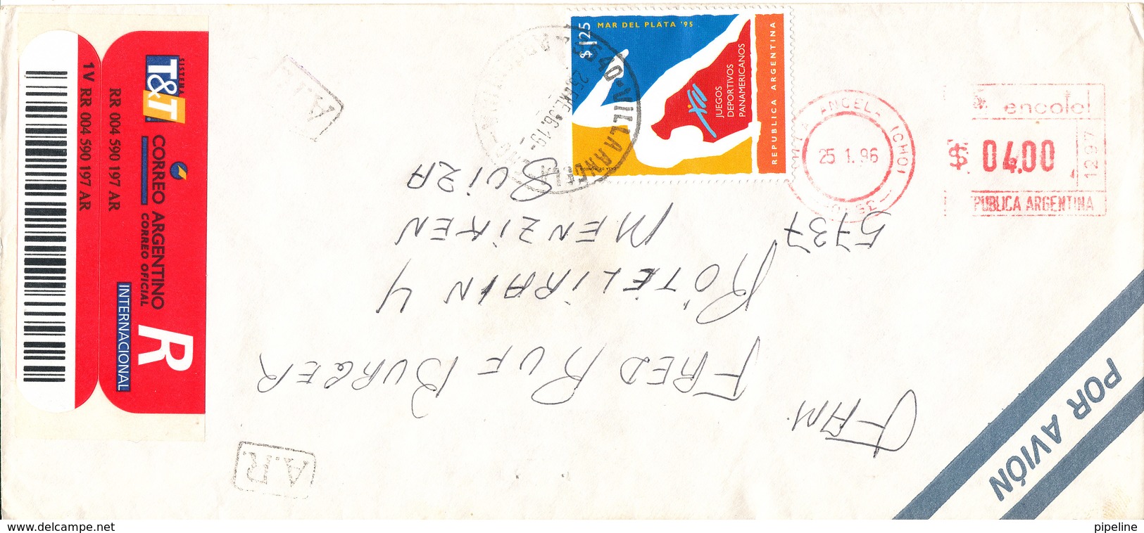 Argentina Registered Air Mail Cover With Meter Cancel And Stamp Sent To Switzerland Villa Angela 25-1-1996 Topic Stamp - Airmail