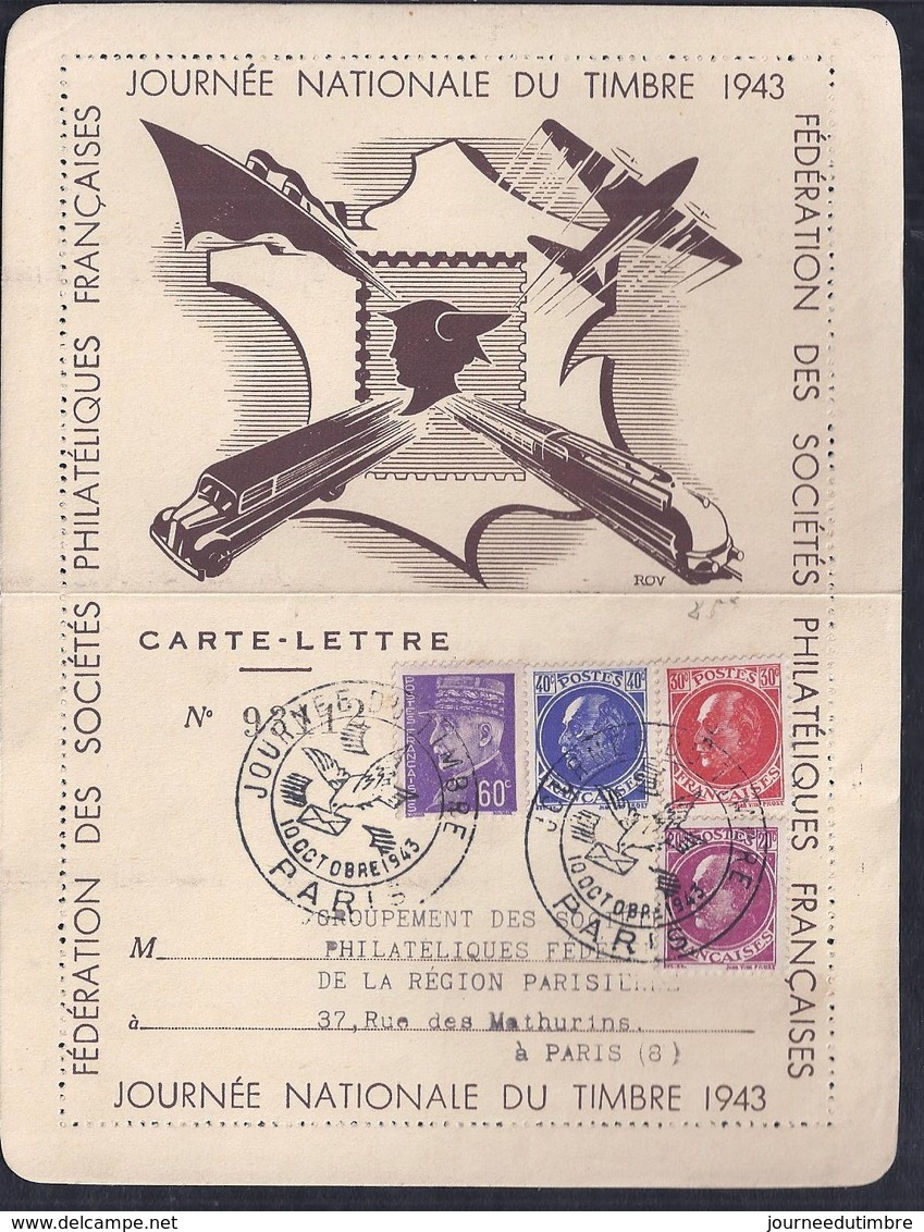 Carte Lettre Federale Journee Du Timbre 1943 Petain Paris - Lettres & Documents