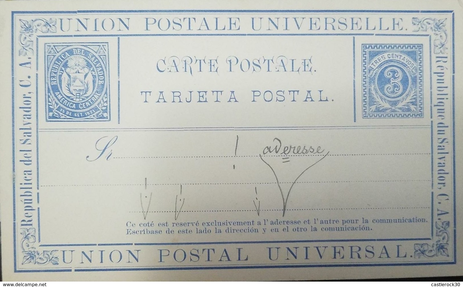 O) 1821 EL SALVADOR - REPUBLIQUE DU SALVADOR, NUMERAL 3 CENTAVOS BLUE - COAT OF ARMS - UPU, POSTAL STATIONERY WITH VARIE - El Salvador