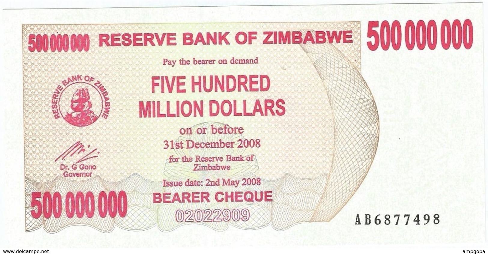 Zimbabwe 500.000.000 Dollars 02-05-2008 Pick 60 UNC - Zimbabwe