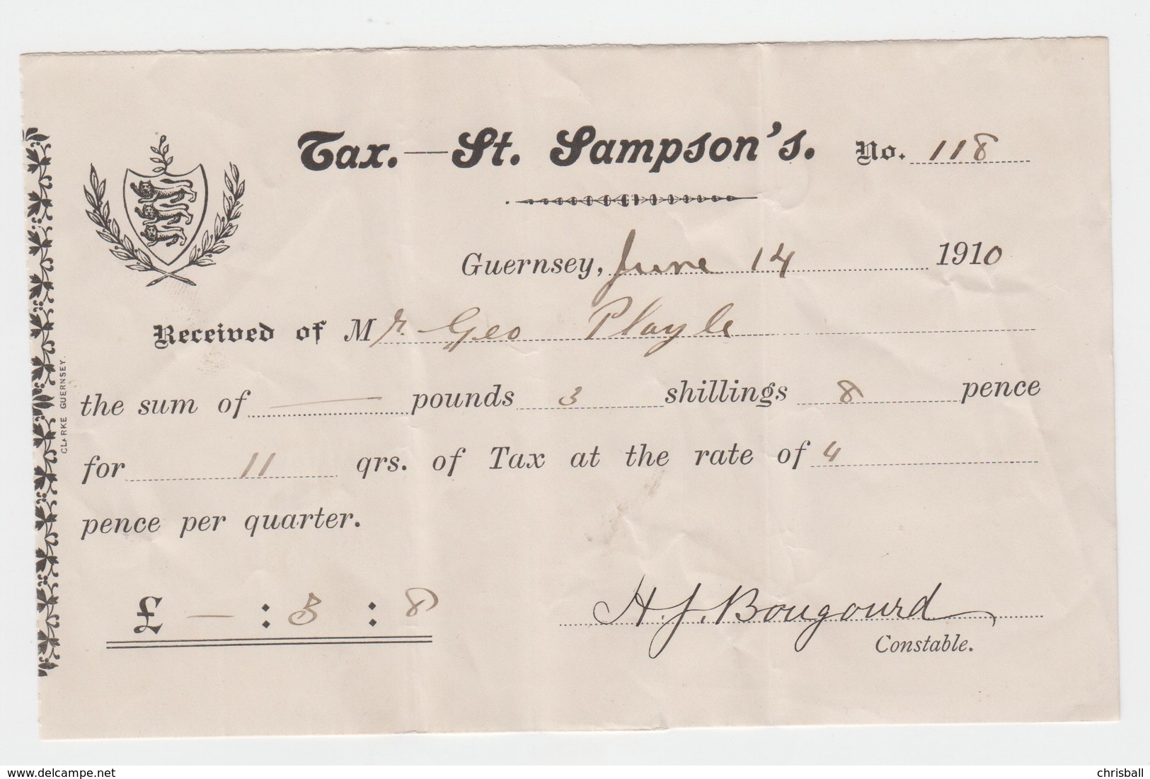 Guernsey - St Sampsons Receipt For Payment Of Rates. June 1910 - United Kingdom