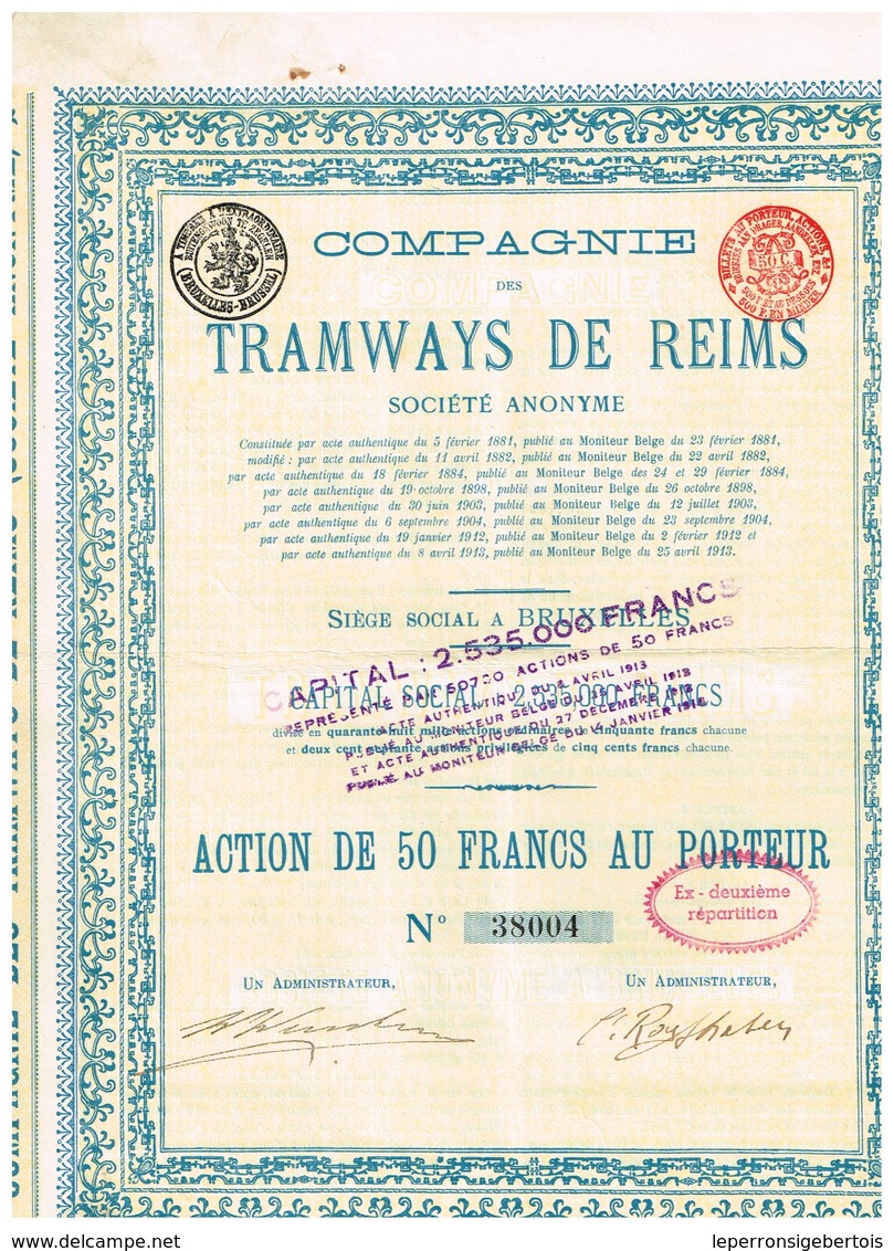 Ancienne Action - Compagnie Des Tramways De Reims -Titre De 1913 - Chemin De Fer & Tramway