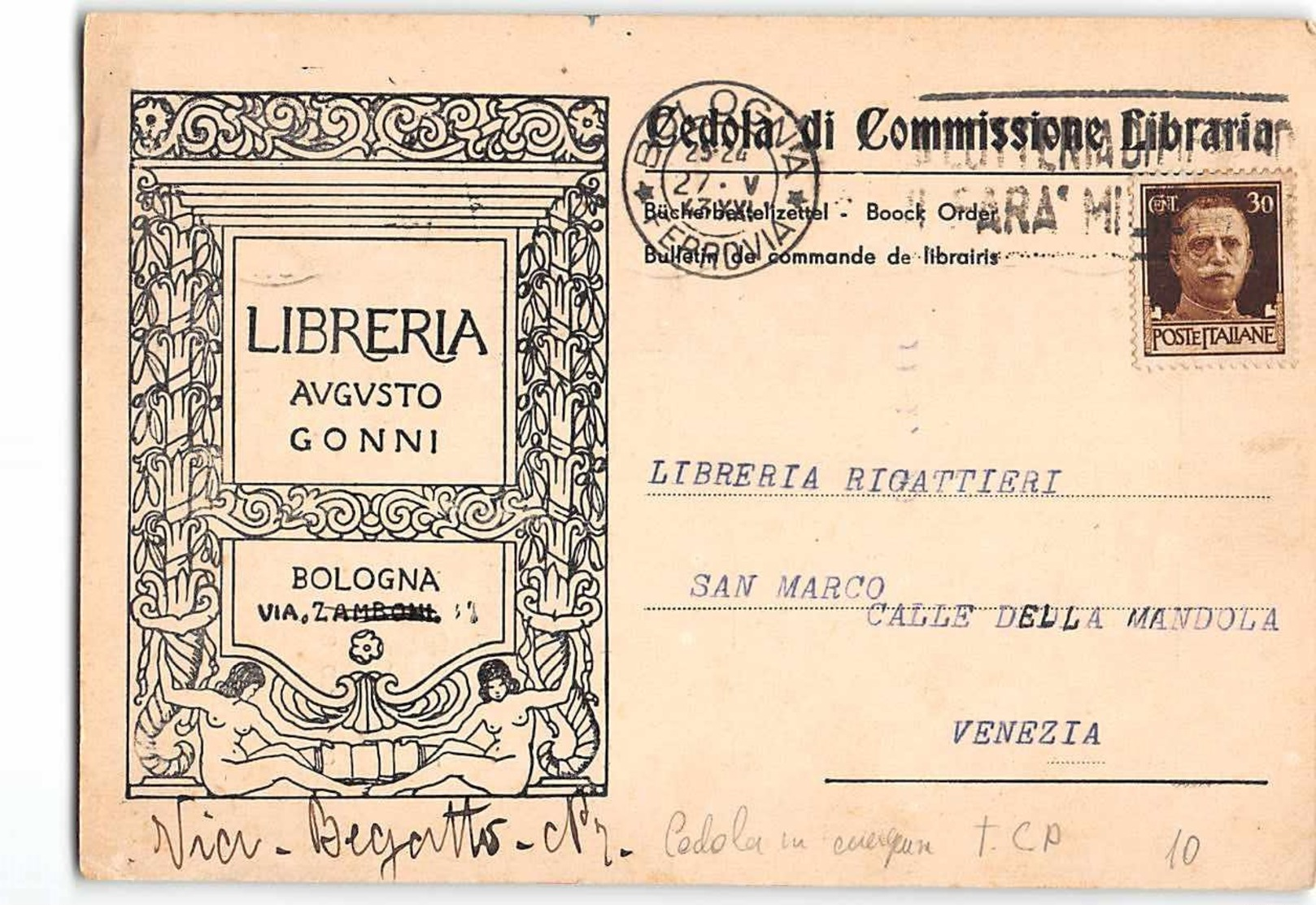 15748 01 CEDOLA COMMISSIONE LIBRARIA LIBRERIA AUGUSTO GONNI BOLOGNA X VENEZIA - Interi Postali