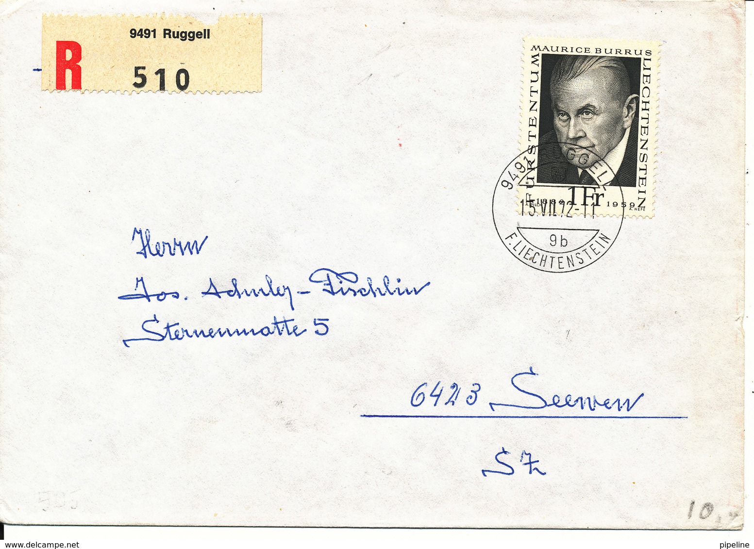 Liechtenstein Registered Cover Ruggell 13-7-1972 Sent To Switzerland Single Franked - Covers & Documents