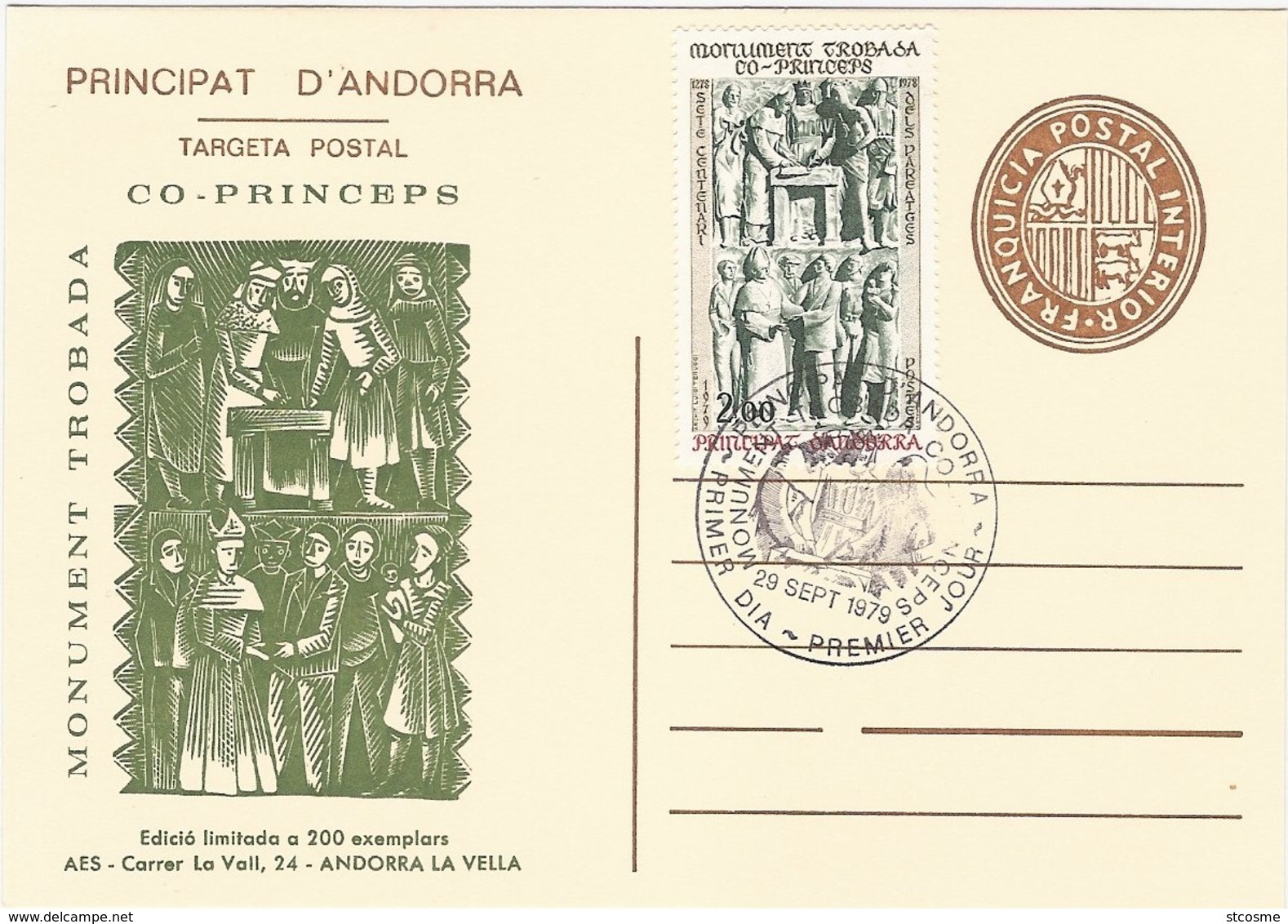 Viguerie D'Andorre - Andorra - Carte Entier Postal, Blason Brun, Repiquage Monument Co-Princes En 1979 - Tirage 200 Ex - Viguerie Episcopale