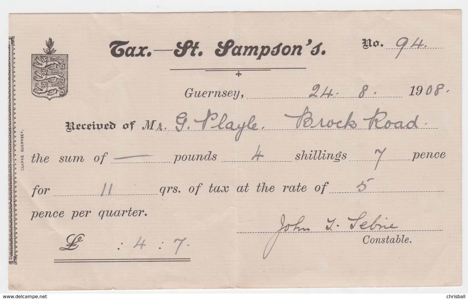 Guernsey - St Sampsons Receipt For Payment Of Rates. August 1908 - United Kingdom