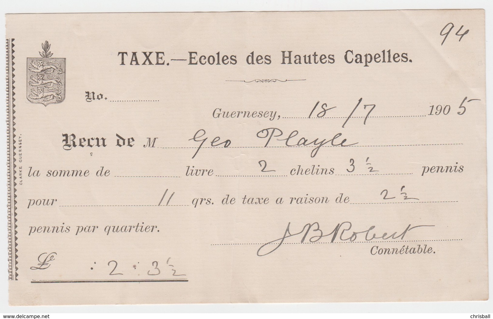 Guernsey - Ecoles Des Hautes Capelles Receipt For Payment Dated 18 July 1905 - Reino Unido