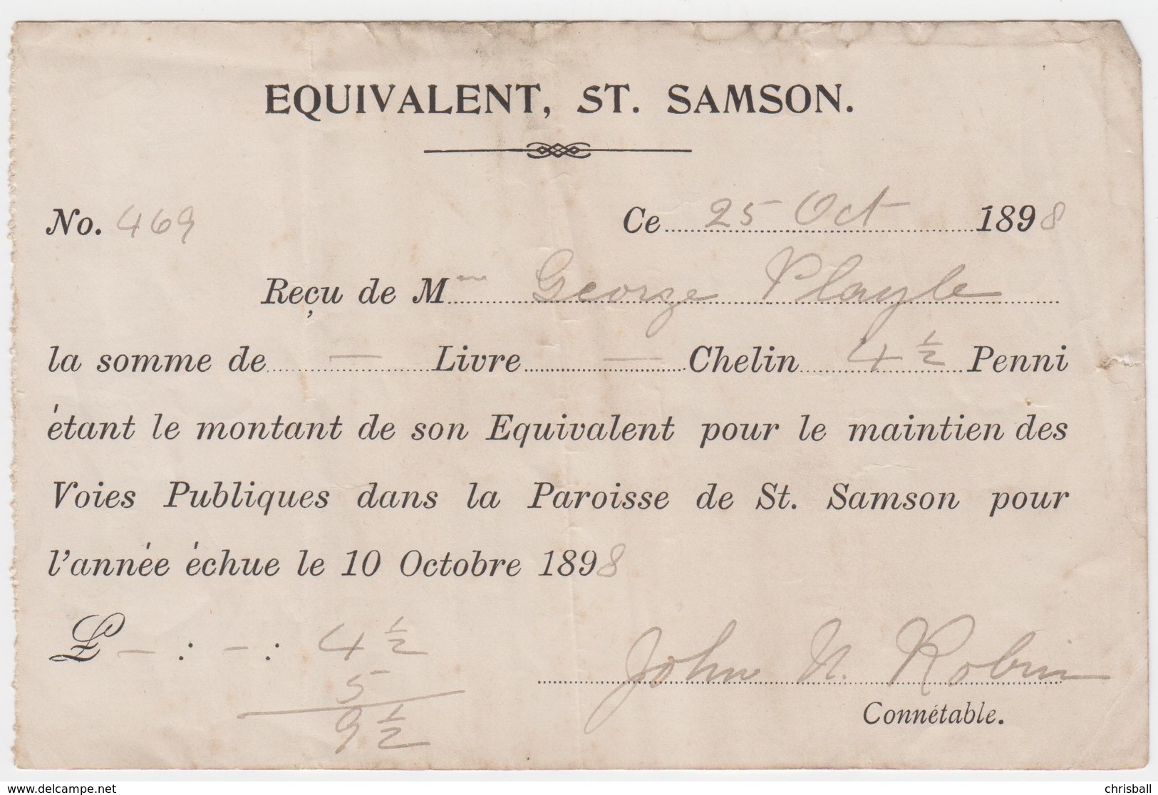 Guernsey - St Sampsons Receipt For Payment Of Rates.Oct 1898 - Royaume-Uni