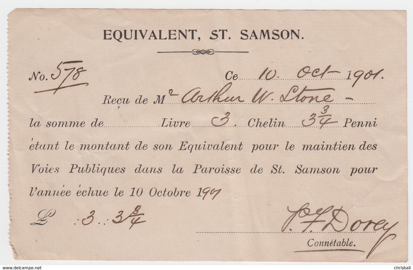Guernsey - St Sampsons Receipt For Payment Of Rates.Oct 1908 - United Kingdom
