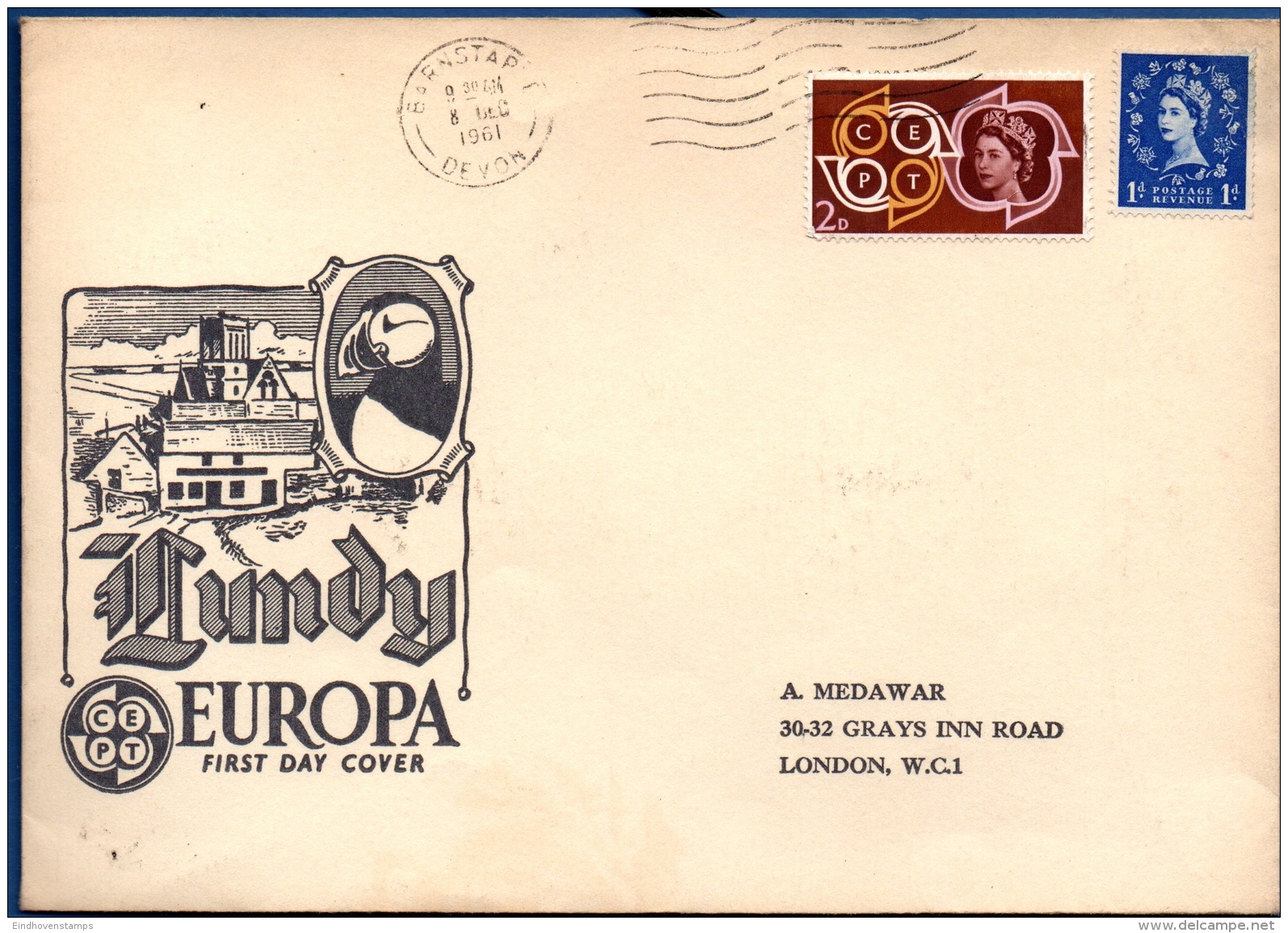 Great Britain Lundy 1961, 7 Values On FDC-cover To London With Additional British Franking - Unclassified