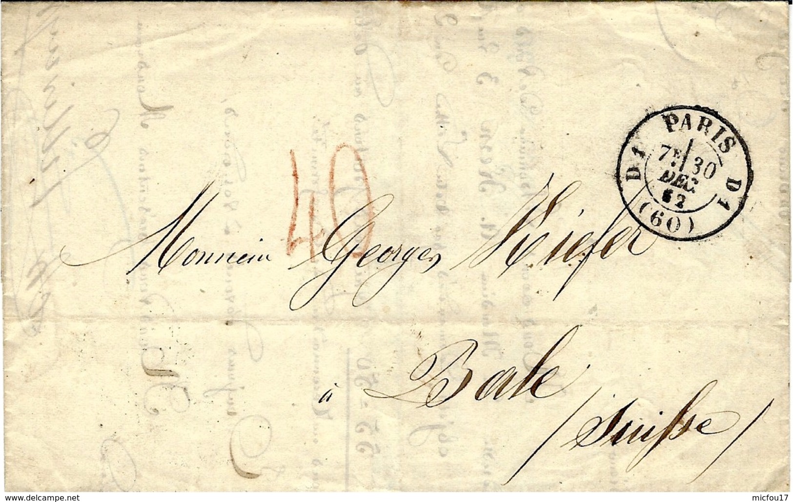 1862- Lettre En Port Du De PARIS Bureau D1 Pour Bâle ( Suisse ) Taxe 40 Rouge Suisse - Briefe U. Dokumente